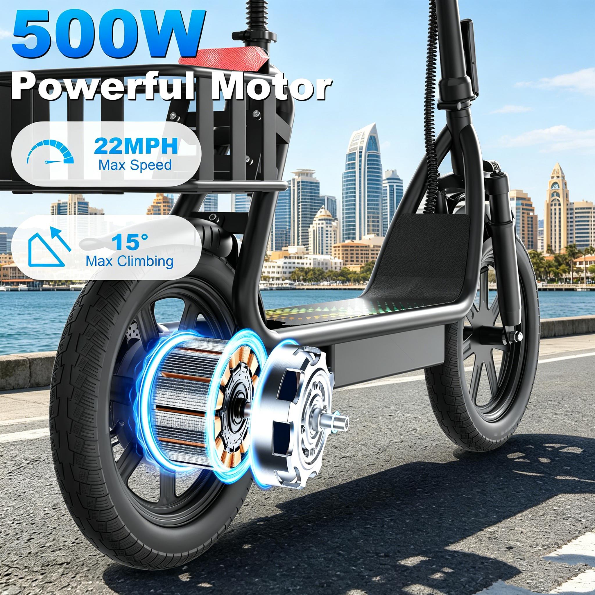 B Comfortable Seated Electric Scooter for Adults 48V 10.4Ah Battery Up to 22MPH Speed 21-27 Miles Range Pet-Friendly Design with Sturdy Rear Basket