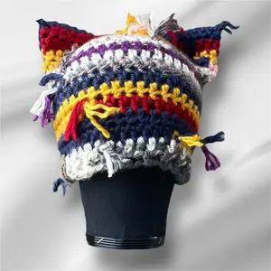 Chunky Scrap Cat Hat - Handmade Beanie with Colorful Stripes, Featuring Orange Accents, and Decorative Tails