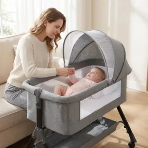 Baby Bassinet,Foldable Newborn Crib with Bedside Design – Adjustable Height Bassinet + Built-in Storage & Mosquito Net, Must-Have Baby Furniture