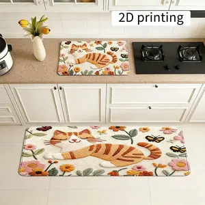 2pc 2D Flat Cat Pattern Kitchen Mats Set, Non-Slip Soft Flannel Rugs, Elegant Floral Design, Durable & Easy Clean, Modern Home Decor, Animal Printed Rug