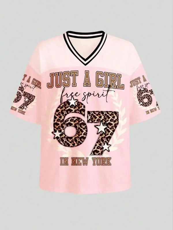 Leopard Print 67 Jersey Shirt, Vintage Y2K V Neck Sports Top, Loose Fit Casual Athletic Tee, 3 Color Options
