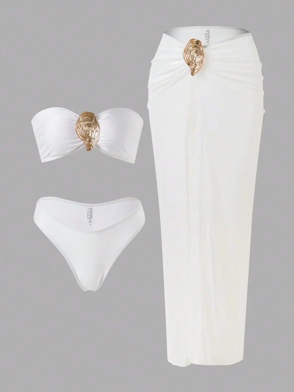 Women's 3-Piece Beachwear Swimsuit Set - White Luxury Gold Accent Bandeau Bikini, High-Slit Sarong Skirt, Solid Bikini Set for Tropical Beach Vacation & Resort Wear, Tropical Beach Skirt & Top Sets