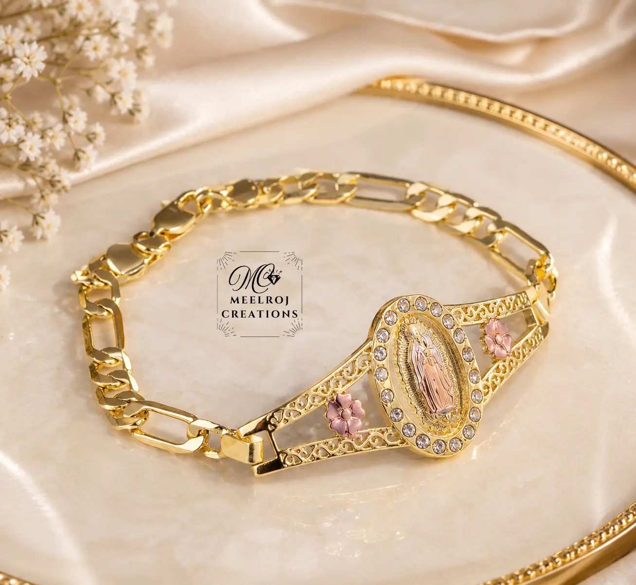 Gold Plated Elegant Virgencita de Guadalupe Bracelet with Stones -RED/PINK