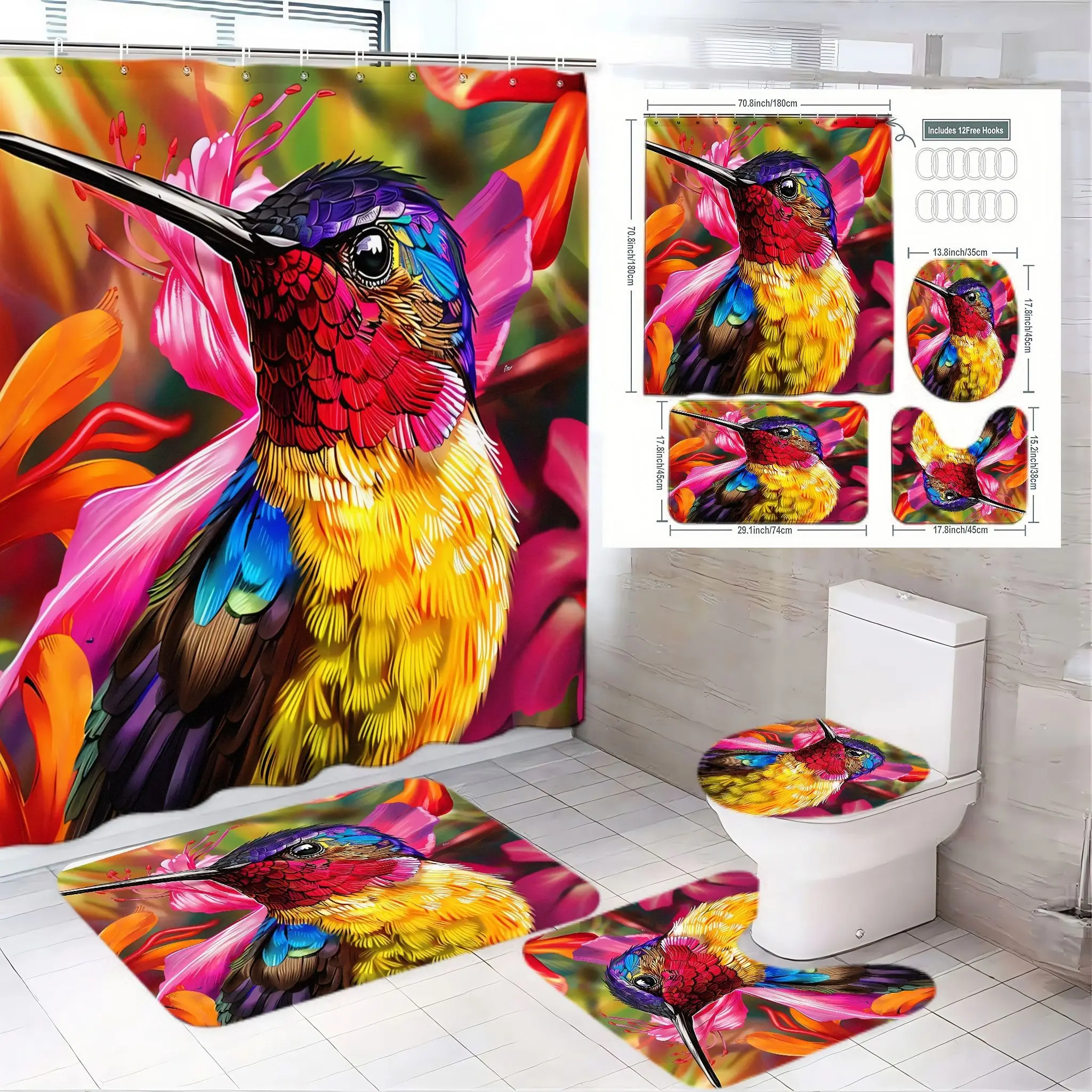 4pcs Vibrant Hummingbird Bathroom Decor Set, Artistic Shower Curtain, Toilet Seat Cover & Luxurious Bath Mats, The floor mat fabric is thicker and softer!  Colorful Floral Patterns