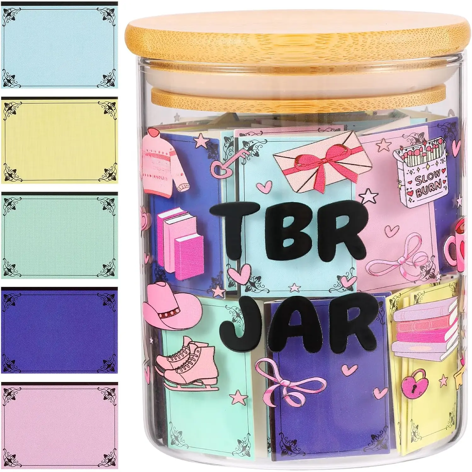 TBR Theme Glass Canister Jar Organiser - Book Lover's Desk Decoration with 100 Colorful Heart Notes, Envelopes, Office Stationery Accessory, Souvenir Gift (Style 2), Books