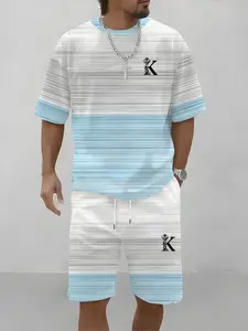 Men's K-pattern striped print casual, stylish and Fitted two-piece set, featuring a summer sporty crew neck short-sleeved top and drawstring shorts, suitable for outdoor and street wear.