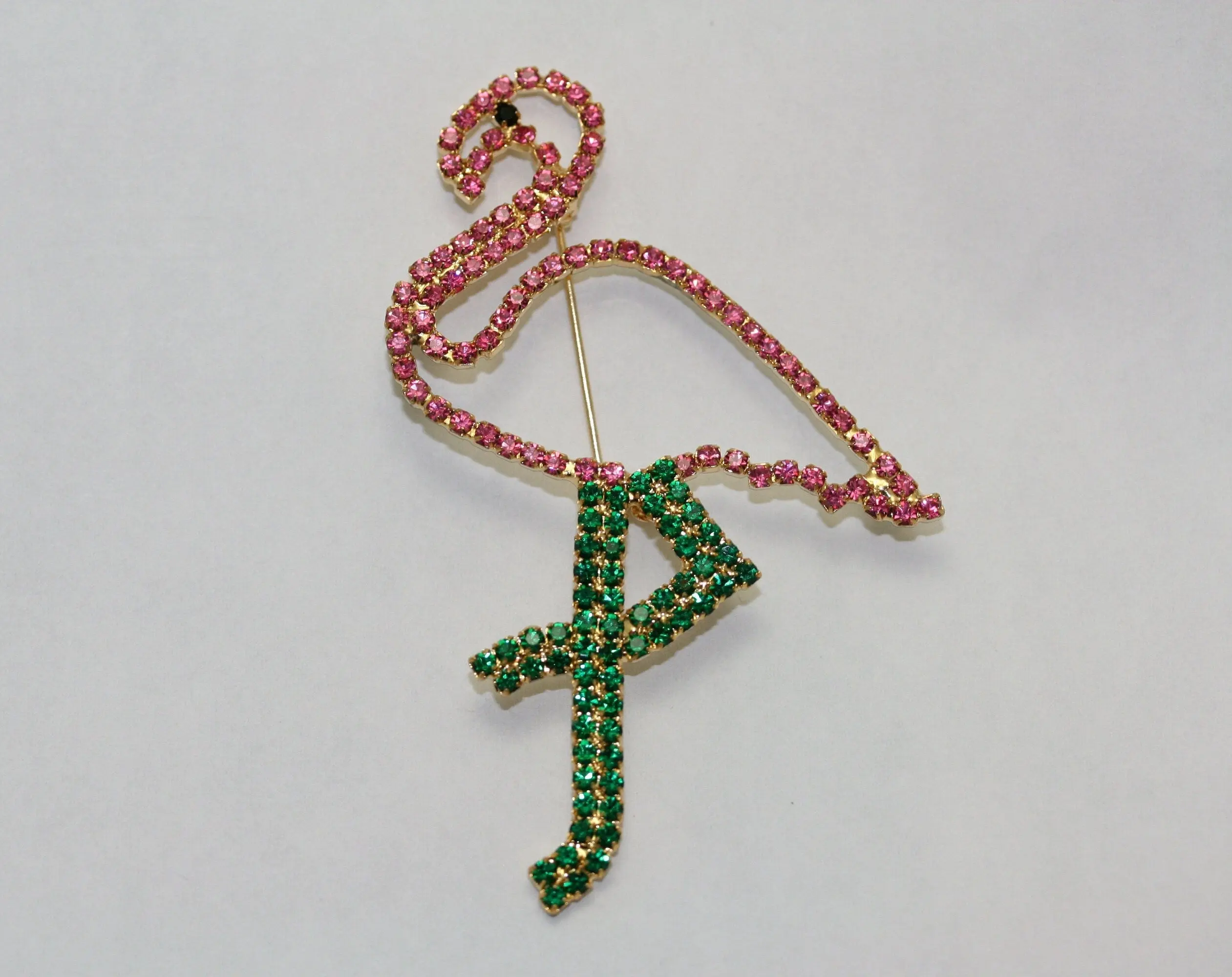 Vintage Rhinestone-Embellished Pink & Green Figural Flamingo Brooch Pin - Prong-Set Large Tropical Look Costume Jewelry, 2.75in H x 1.8in W Animals Themed Large Size Figural Shape Accessory for Costume Wear