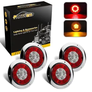 Partsam 4" Inch Round Led Trailer Taillights Stop Brake Lights Running Red and Amber Parking and Turn Signal Lights, Sealed Double Color Round Led Lights w/ Stainless Steel Rings Flange Mount (4Pack)