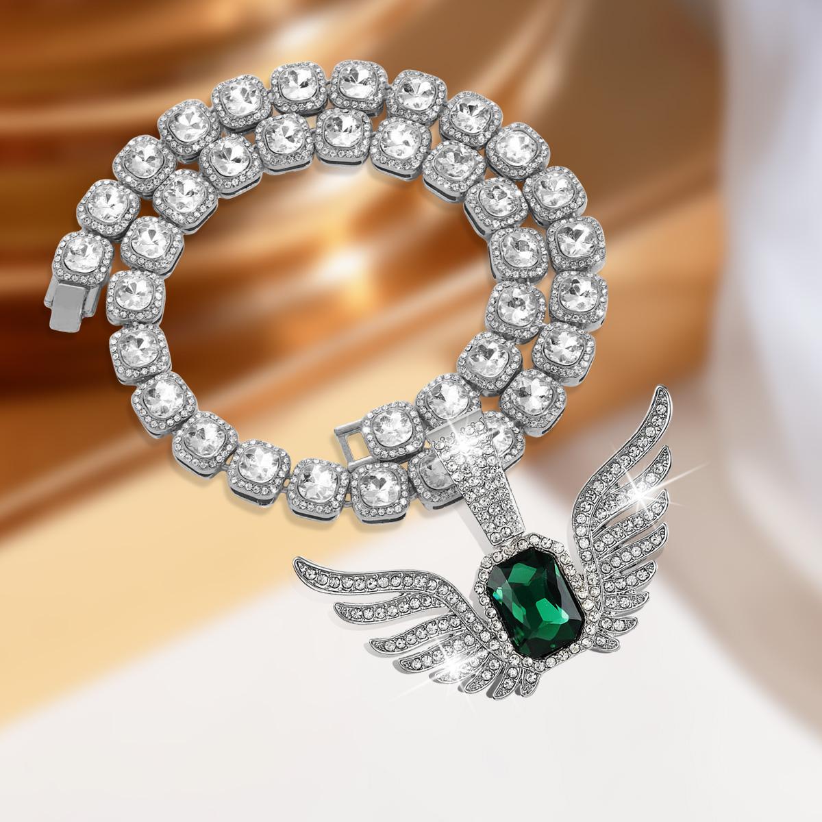 Diamond Square Necklace with Angel Wing Pendant Hip Hop Zircon Baguette Chain Tennis Chain with Elegance Angel Wing Pendant Ideal Jewelry for Daily Wear Gift for Men Women Boys, Girls Birthday Wedding Party