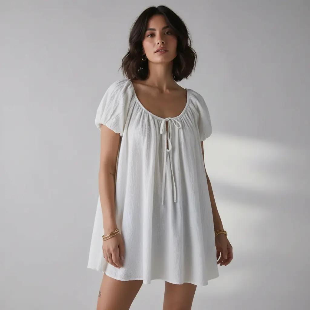 Women's Retro Smocked Dress with Tie Neck and Puff Sleeves, Solid Polyester Mid-Thigh Style for Going Out