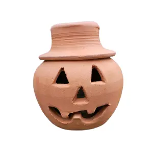 Handmade Clay Terra Cotta Jack-o'-lantern Pumpkin with Hat Halloween Decor from Craven Pottery - Small - 7.5" Tall