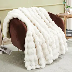 Soft Fuzzy Bubble Faux   Throw Blanket for Couch 50" x 60", Double Sided Textured Warm Fluffy Blanket for Winter, Luxury Cozy Puffy Shaggy Comfy Furry Blankets for Chair, Cream White