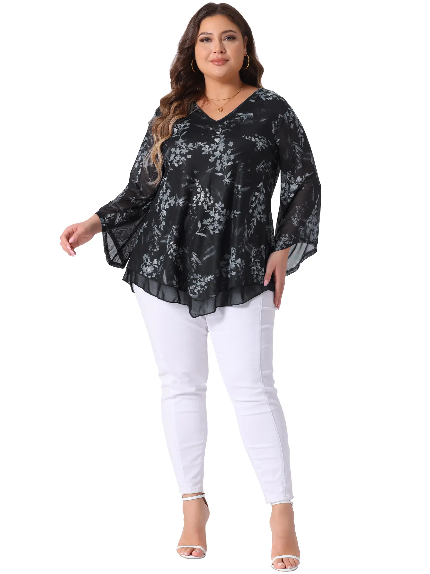 Agnes Orinda Plus Size Women's Blouse V Neck Mesh Casual Flowy Work Shirt 3/4 Flared Sleeve Tunic Top