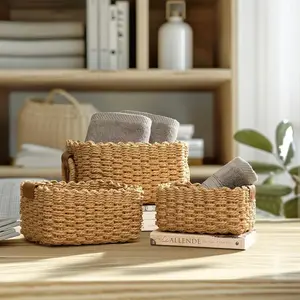 Set of 3 Woven Storage Baskets with Handles, Paper Rope Organizer Basket, Small Woven Bin for Organization, Cute Decorative Gift Basket