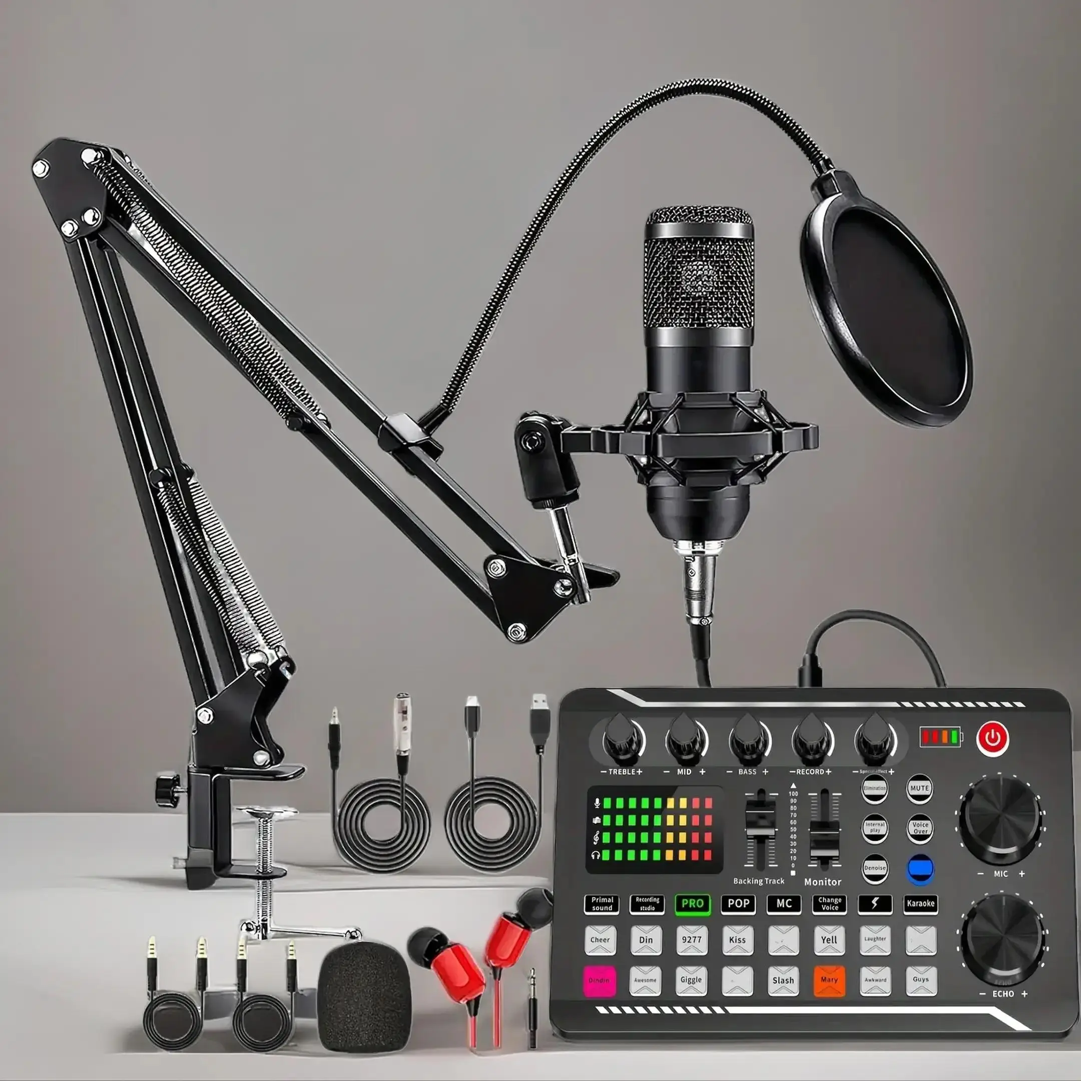 Podcast Equipment Bundle (1 Set), USB Rechargeable Podcast Microphone Bundle with Voice Changer, Live Audio Mixer, Adjustable Condenser Microphone Rec