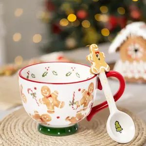 Christmas Gingerbread Man Ceramic Mug & Spoon Set – Festive Coffee, Cocoa & Oatmeal Cup | Aesthetic Holiday Gift for Women, Friends & Family