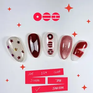 Sarahmarket Red Minimal Symbol Press-On Nails, Hand-Painted Graphic Shapes & Glossy Finish, Clean White Base, Modern Kpop Inspired Style, Simple Trendy Nail Art, Custom Handmade Everyday Look
