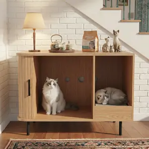 LAUSAINT HOME cat litter box enclosure with scratch pad and sliding door, hidden cat litter box furniture with storage drawer, modern cat house, TV stand or side table for living room, natural