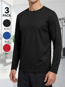 Big&Tall 3PCS Men's Plus Size KB5165482 Solid Color Long Sleeve T-Shirt Polyester Fiber Round Neck Gym Outfit Tee Breathable Quick-Dry Sports Casual Top Comfortable Long-Sleeve Polos