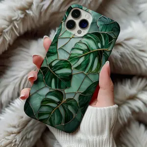 Stained Glass Style Monstera Leafs Phone Case Art Deco Green Houseplants Artful Trendy Vintage Gift Iphone 13 14 15 16 Casing Tough Cases, Halloween Premium Phone Case, Leopard Print Tough Phone Case, Bling Glitter Virgin Mary Phone Case