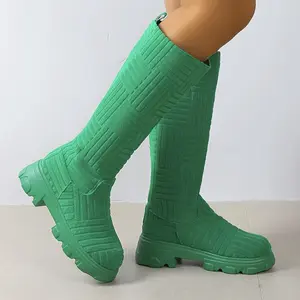 Women's Pink Platform Motorcycle Boots - Warm Knee-High, Slip-On with Round Toe, Low Heel, Casual Style, PU Sole, Walking Shoes