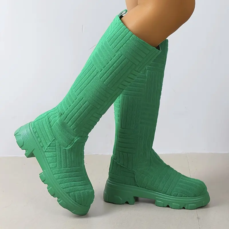 Women's Slip-On Platform Heel Knee-High Motorcycle Boots - Solid Pink Warm Fabric, Round Toe, Casual PU Sole Footwear