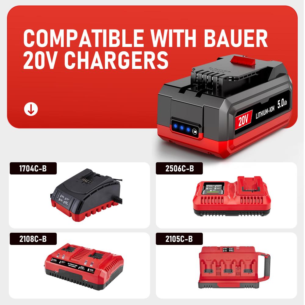 20V 5.0Ah High-Capacity Lithium-Ion Replacement Battery for Bauer Cordless Power Tools, Compatible with Models 1701C-B, 1702C-B, 1907C-B, 2108C-B, 2109C-B