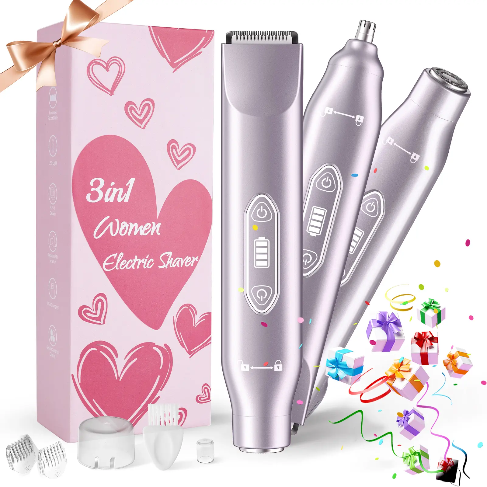 DOCHEN Women's 3-in-1 Electric Bikini Trimmer - Rechargeable Waterproof Smooth Shaver, ABS Grooming Kit with Stainless Steel Comb, Facial Nose Hair Remover, Wet-Dry Use, Cleaning Brush, Self Care Gadget