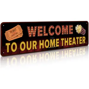 Movie Theater Sign, Vintage Wall Decor for Bar, Cafes Pubs, Media Room, 4x16 Inches Aluminum Metal Sign (Welcome to Our Home Theater)