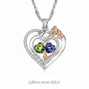 [TrendTiny] S925 Sterling Silver Double Heart Rose Pendant Necklace, 12 Birthstone Color Block Heart Jewelry, Birthday Mother's Day Gift for Mom, Elegant Christian Faith Accessory, Fast Shipping from USA