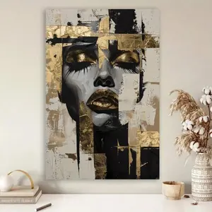 Framed 2D Flat, 1pc Modern Abstract Golden Woman Canvas Art -  Wall Decor With Vibrant Golden & Black Design, For Living Room, Bedroom, Or Office, Living Room Artwork |   Abstract Artwork |    Canvas, Canvas Wall Art, 2D Flat Wrapped Canvas Poster, Indoor