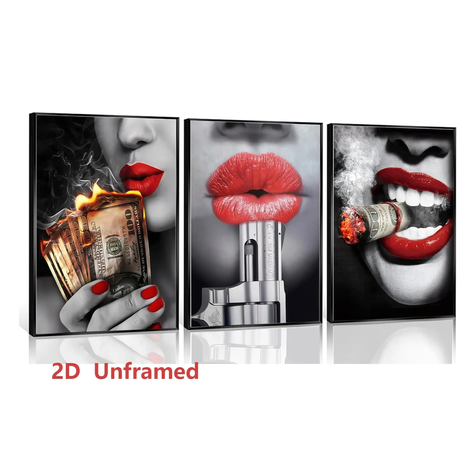 Set of 3, Girls' Theme Money Wall Art: Feminine Red Lips, High-End Fashion Canvas Print, Poster, Trendy Black-and-White Wall Decor, Beauty and Fashion Abstract Art. Perfect for bedroom, living room, or bar wall decor. Frameless.