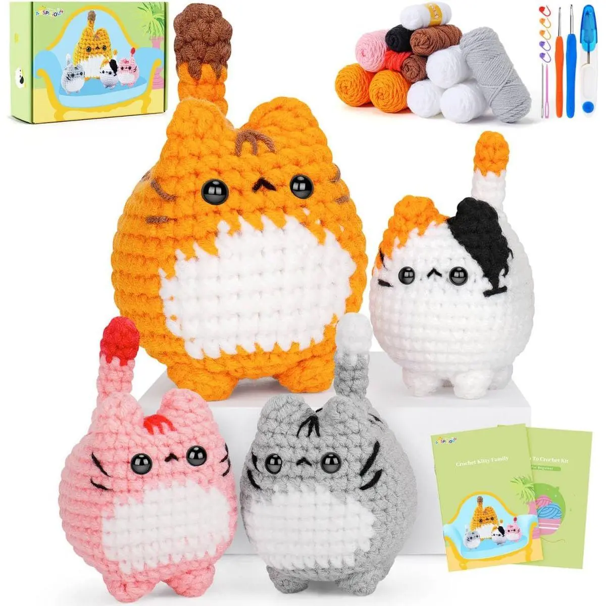 Crochet Kit for Beginners-4PCS Cat Crochet Kits for Adults, Teacher Appreciation Gifts, Crochet Starter Kit with Step-by-Step Video Tutorials, Crochet Animals Kits DIY Craft Kit Learn to Crochet Kits