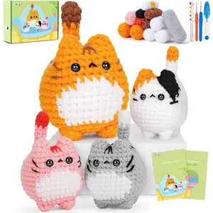 Crochet Kit for Beginners-4PCS Cat Crochet Kits for Adults, Teacher Appreciation Gifts, Crochet Starter Kit with Step-by-Step Video Tutorials, Crochet Animals Kits DIY Craft Kit Learn to Crochet Kits