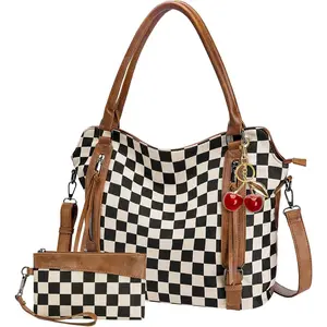 Checkered Crossbody Bag, Brown Checkered Purse, Large Capacity  Bag, Handbag with Wallet and Cherry Charm