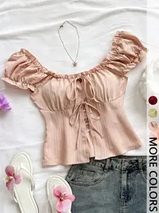 This Puff Sleeve Corset Top is Coquette Cottagecore Vibes 🎀 | Ruffled Square Neck Lace-Up Fitted Top