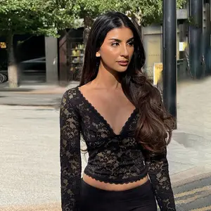 YJ25440DGO-V Neck Lace Top for Women Elegant Long Sleeve Blouse Romantic Floral Lace Shirt Feminine Alluring Party Tunic Perfect for Date Night Office Wear or Daily Casual Sophisticated Flattering Look