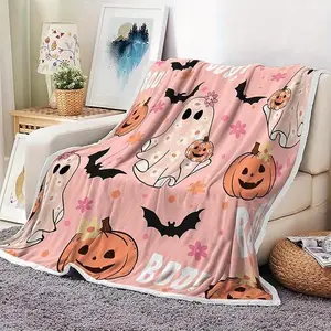 Pink Halloween Throw Blanket, Cute Spooky Ghost Pumpkin Bat Cozy Soft Blanket, Funny Pink Halloween Boo Flannel Baby Throw and Blankets Couch Sofa Bed Decor 302