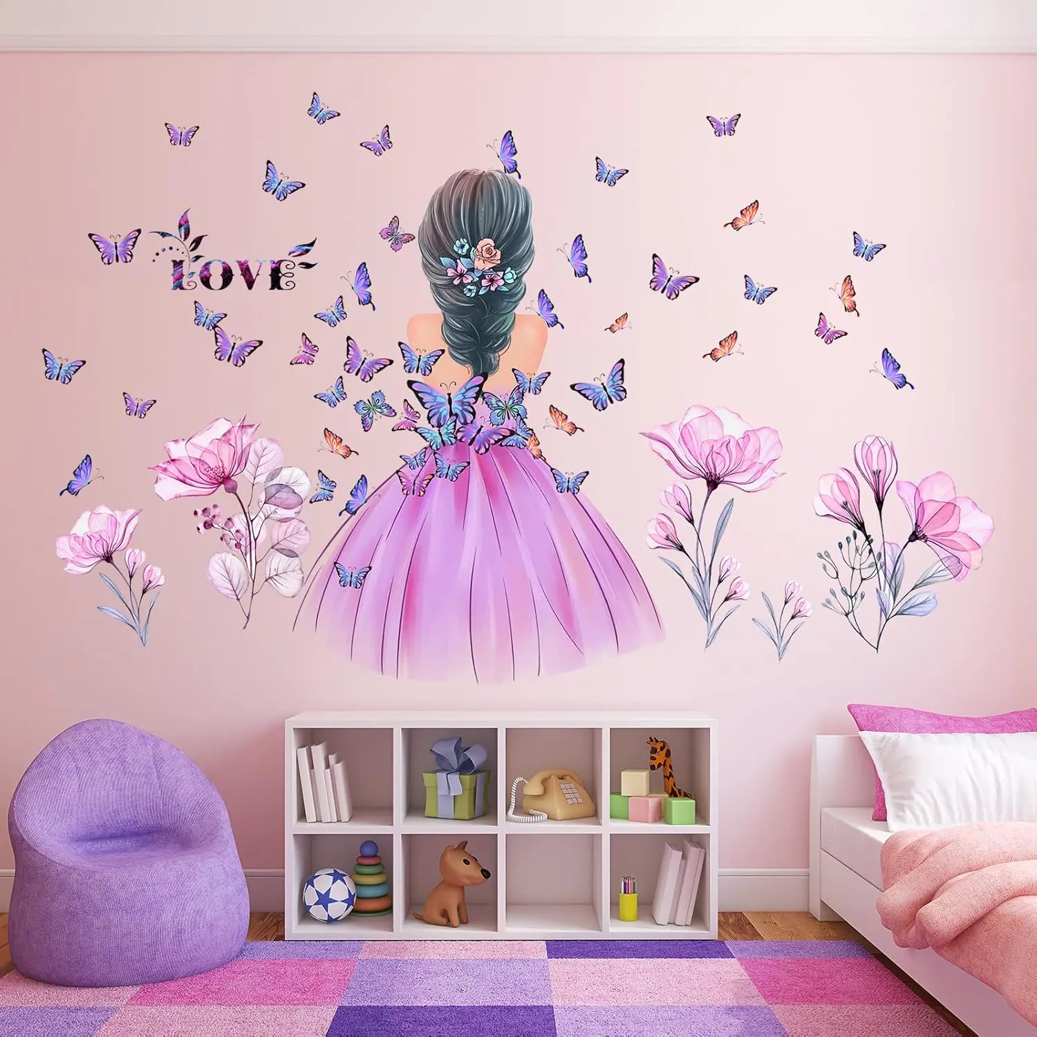 Butterfly Girl Stickers - Flower Fairy Decal, Pink Floral Mural, Colorful Butterflies Wall Decor, DIY Removable Vinyl Art for Girls   Bedroom