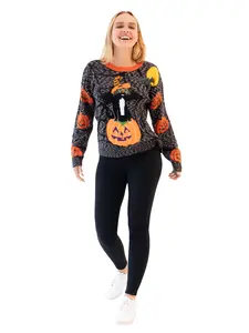 Jollidays Women's Halloween Pumpkin Patch Crewneck Sweatshirt Embroidered Batwings Long Sleeve Hoodie Comfortable Fit Casual Style Tops
