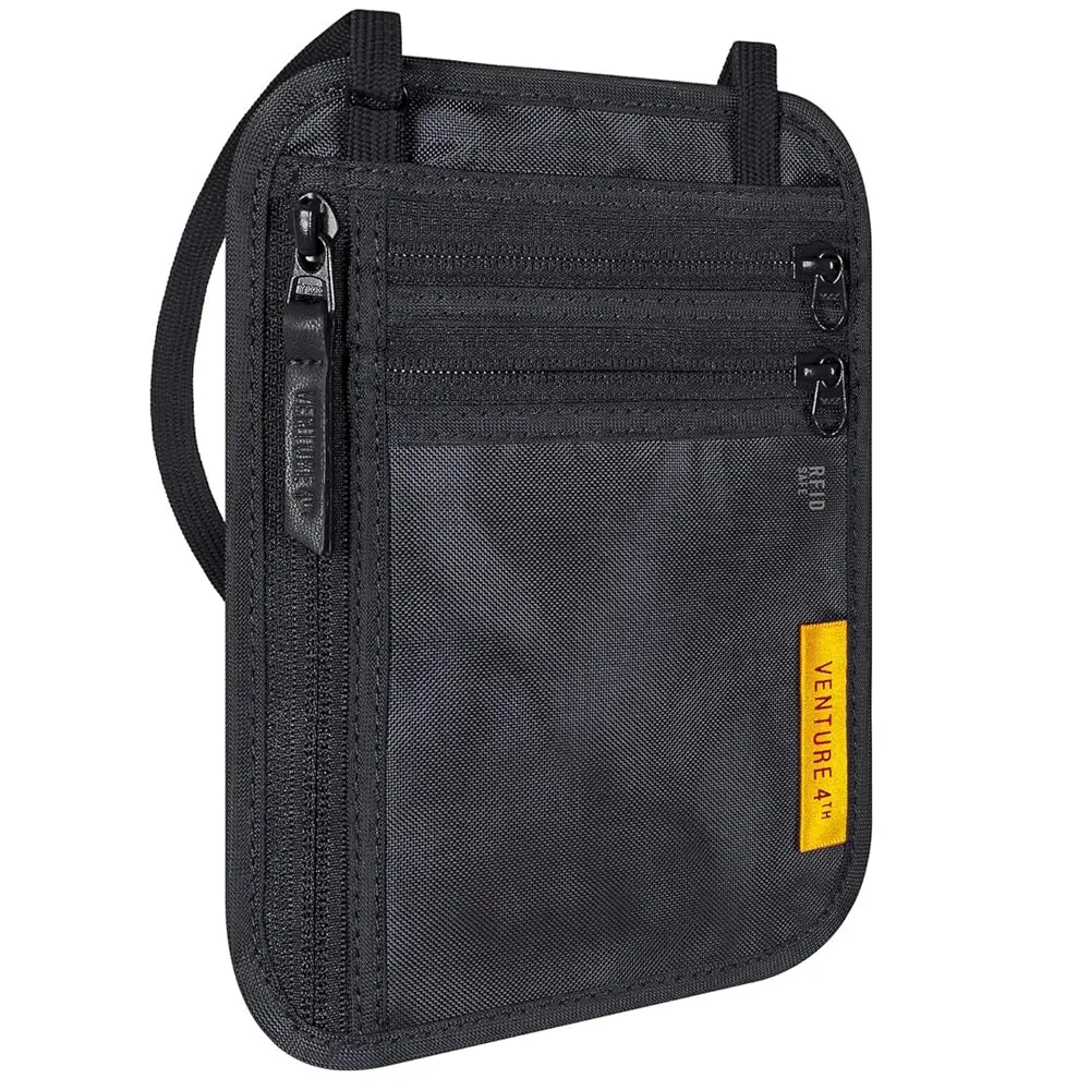 Venture 4th Slim Passport Holder with RFID Blocking, Travel Neck Wallet, Nylon Lined (Black)