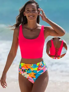 Women's Two-piece Tankini Set, Fashion Plain Square Neck Swim Tank Top & Floral Print High Waist Swim Bottom, Women's Beach Swimwear for Summer, Bikini Sets, Tankini Outfit, Tankini Swimsuits Women, Tankini Bathing Suits
