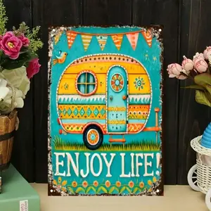 Happiness Camper "Enjoy Life" Aluminum Metal Sign, Vintage Travel Trailer Campground Decor for RV Campsite, Fire Pit & Patio, Rustic Design Tin Sign 8x12 Inch