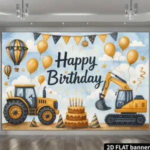 Construction Vehicle Theme Happy Birthday Party Banner Backdrop Tapestry, Birthday Background with Excavator and Tractor, Balloons and Colorful Flags Decoration