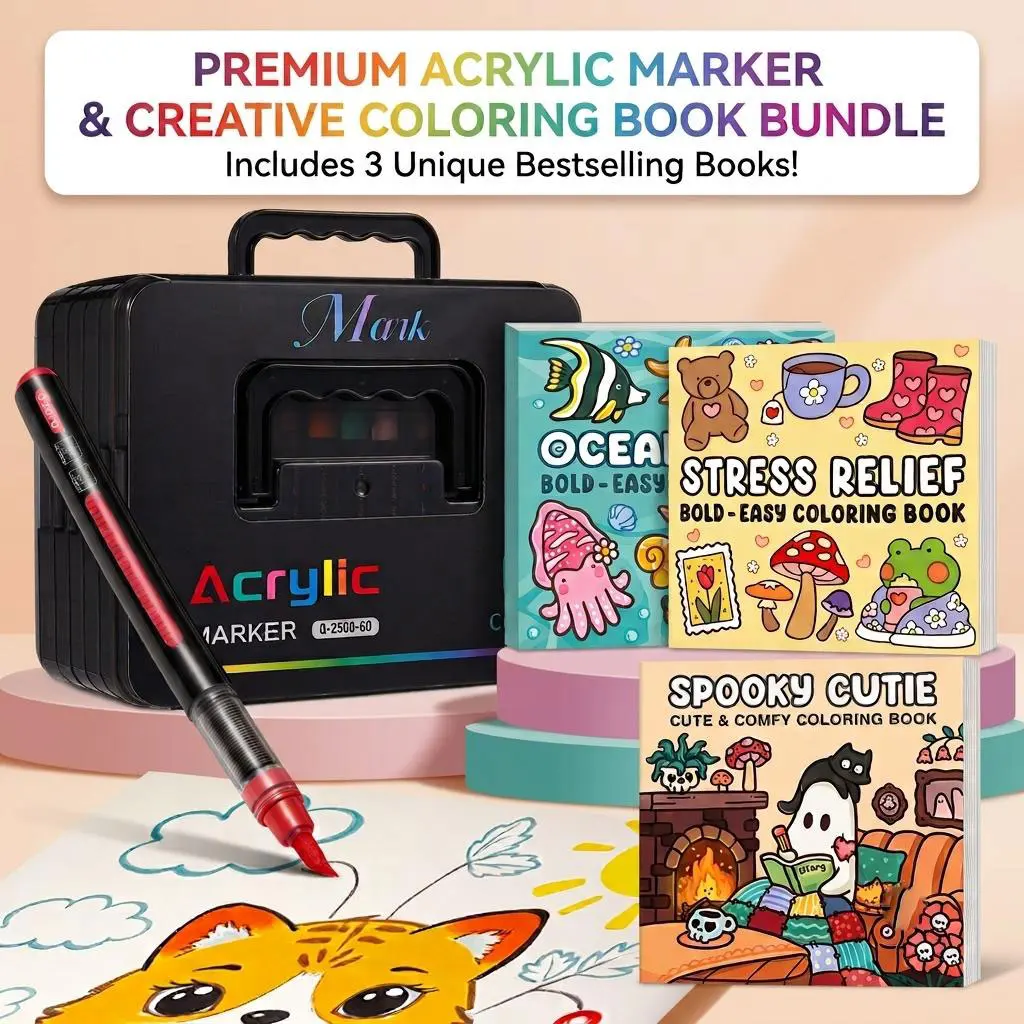 Acrylic Paint Marker Set with 3 Coloring Books, Direct Liquid Non-Toxic Ink Soft Brush Pens for Adults Kids DIY Crafting & Stress Relief Bundle