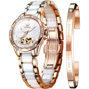 Brand OLEVS Women Automatic Mechanical Watches Self Winding Rose Gold Two Tone Ceramic Strap Diamond Love Heart Dial Fashion Elegant Dress Ladies Wrist Watches Waterproof Luminous