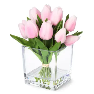 Artificial Tulips with Glass Vase, Faux Tulip Flower, Fake Flower Arrangement in Vase for Home Table Centerpiece Decor