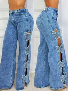 Women's Light Blue Denim Wide-Leg Jeans - Side Cutout With Rhinestone Butterfly Embellishments| Y2K Chic Style For Streetwear, Party Nights & Casual Outings (Denim Durable & Sparkly Eye-Catching Detail) For  Glam Looks