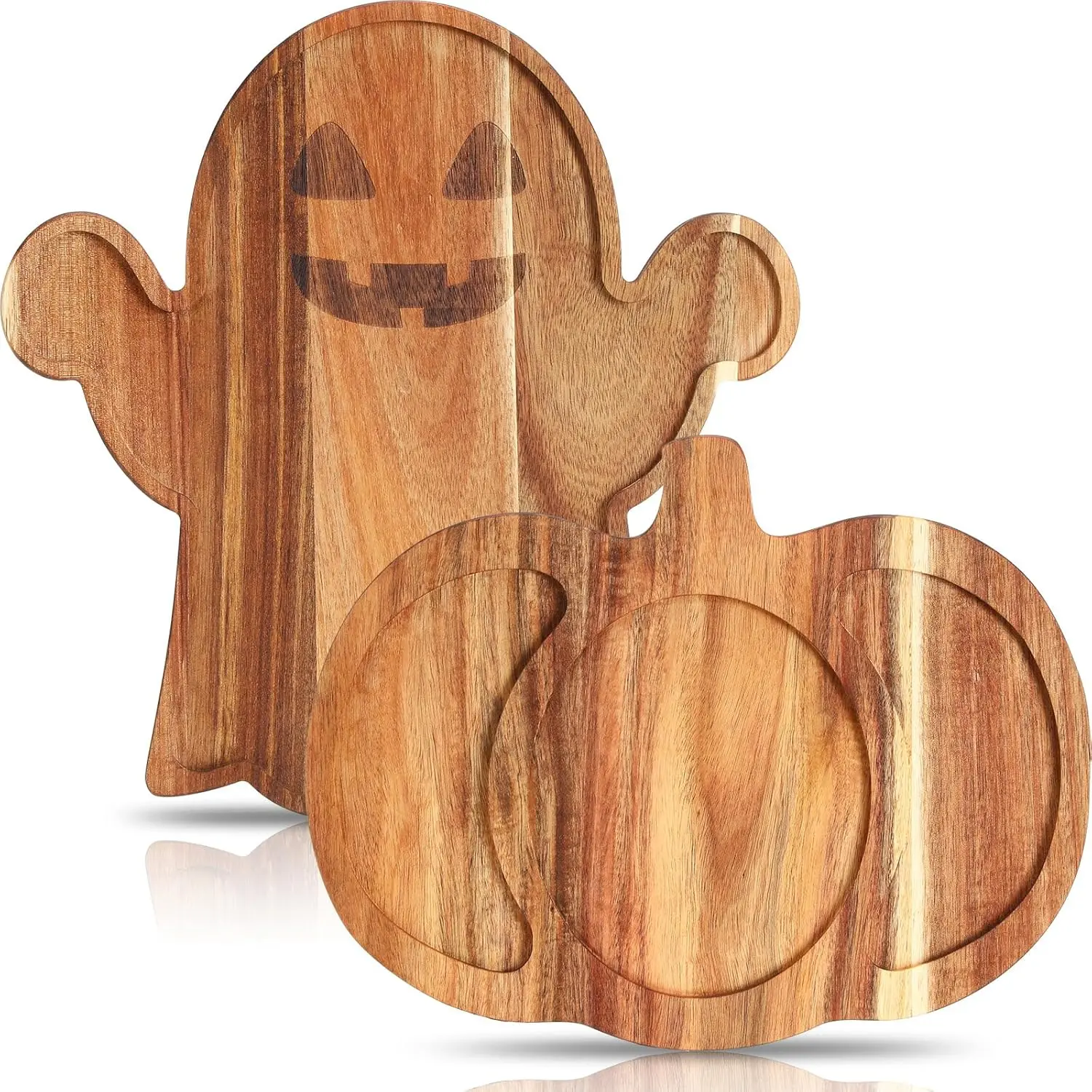 2 Pcs Halloween Charcuterie Boards Pumpkin and Ghost Shaped Kitchen Wooden Cutting Board with Handle Acacia Wood Cute Serving Trays for Butcher Block Cheese and Vegetables Fruit & Salad