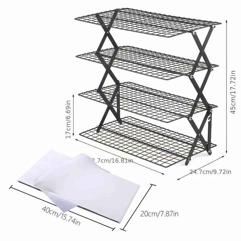 4-Tier Foldable Cooling Rack, Baking Pan Wire Rack, Outdoor Picnic Rack, Adjustable 4 Setting Designs, Collapsible Food Display Stand, Multi-Purpose Serving Tray, Camping Grill for for Baking, Roasting, Grilling, Picnics, with 20pcs Parchment Paper
